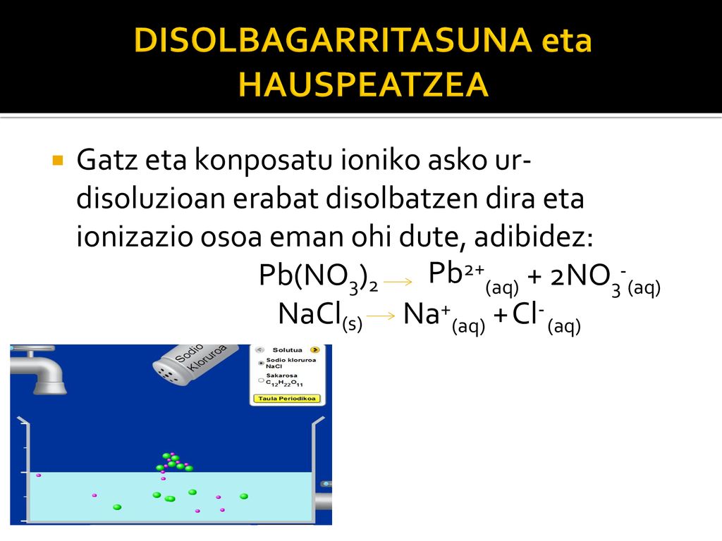 Gatz eta konposatu ioniko asko ur- disoluzioan erabat disolbatzen dira eta ionizazio osoa eman ohi dute, adibidez: