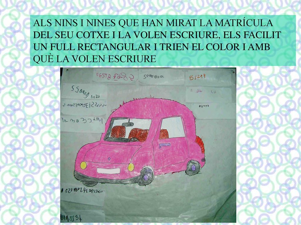 ALS NINS I NINES QUE HAN MIRAT LA MATRÍCULA DEL SEU COTXE I LA VOLEN ESCRIURE, ELS FACILIT UN FULL RECTANGULAR I TRIEN EL COLOR I AMB QUÈ LA VOLEN ESCRIURE
