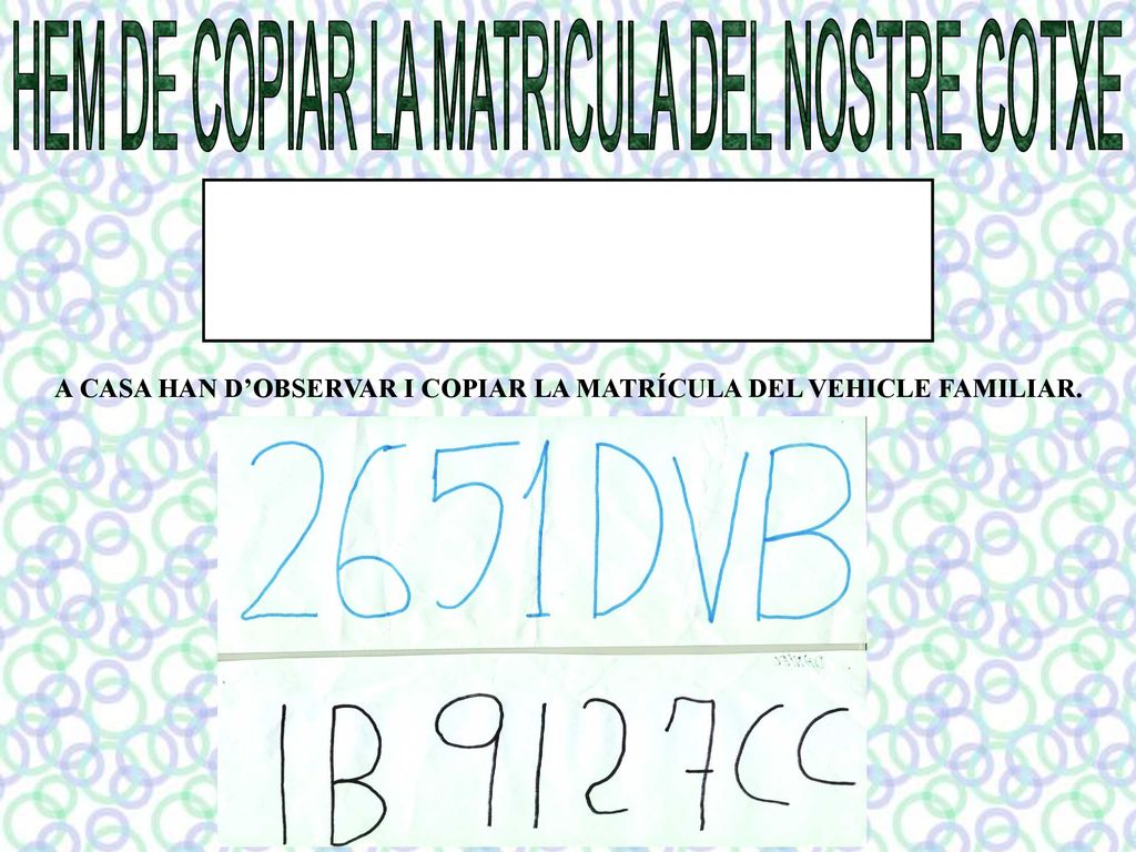 A CASA HAN D’OBSERVAR I COPIAR LA MATRÍCULA DEL VEHICLE FAMILIAR.