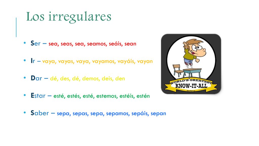 Los irregulares Ser – sea, seas, sea, seamos, seáis, sean