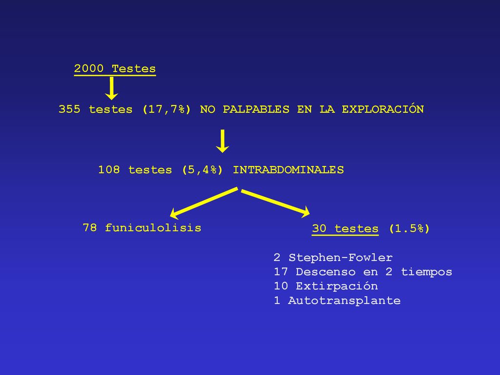 2000 Testes 355 testes (17,7%) NO PALPABLES EN LA EXPLORACIÓN. 108 testes (5,4%) INTRABDOMINALES. 78 funiculolisis.