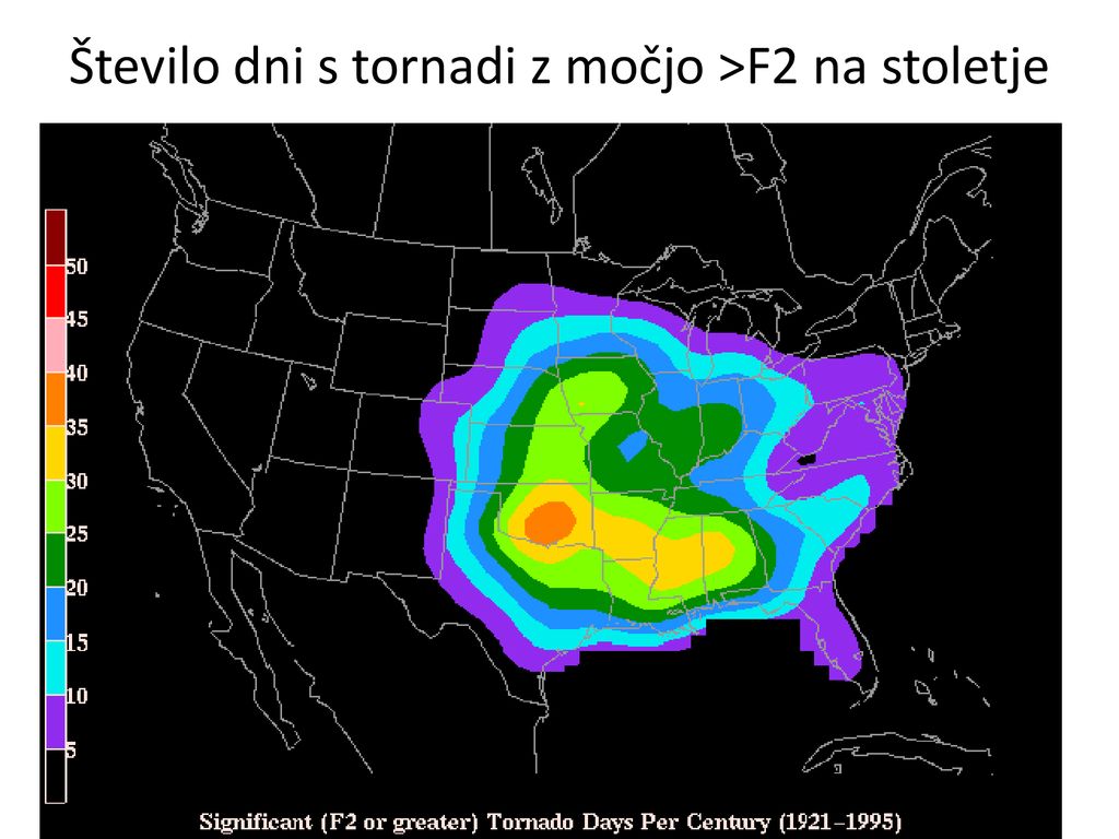 Število dni s tornadi z močjo >F2 na stoletje