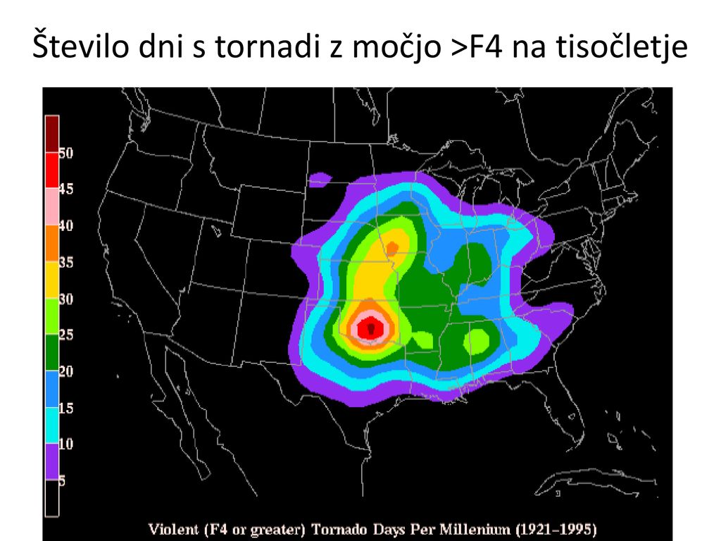 Število dni s tornadi z močjo >F4 na tisočletje