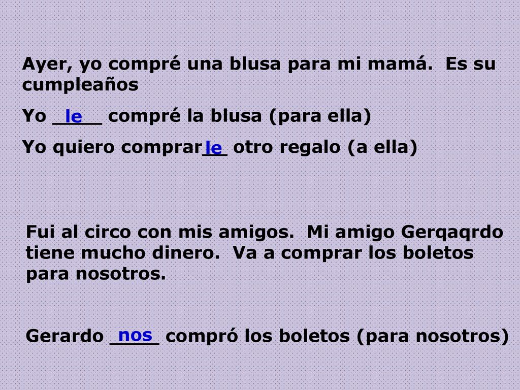 Ayer, yo compré una blusa para mi mamá. Es su cumpleaños