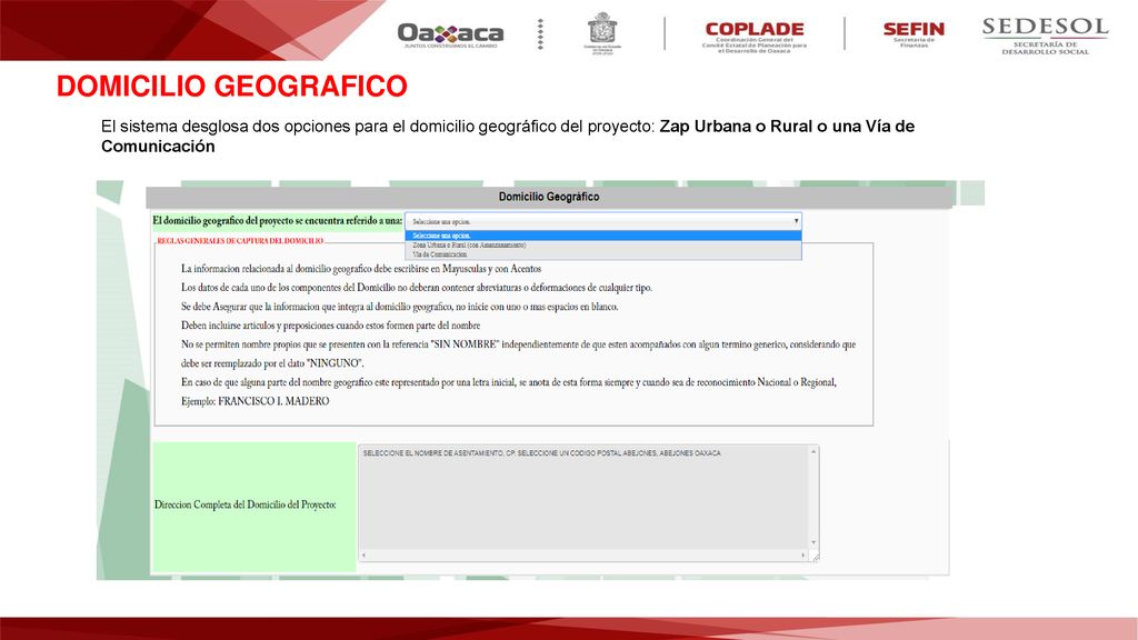 DOMICILIO GEOGRAFICO El sistema desglosa dos opciones para el domicilio geográfico del proyecto: Zap Urbana o Rural o una Vía de Comunicación.