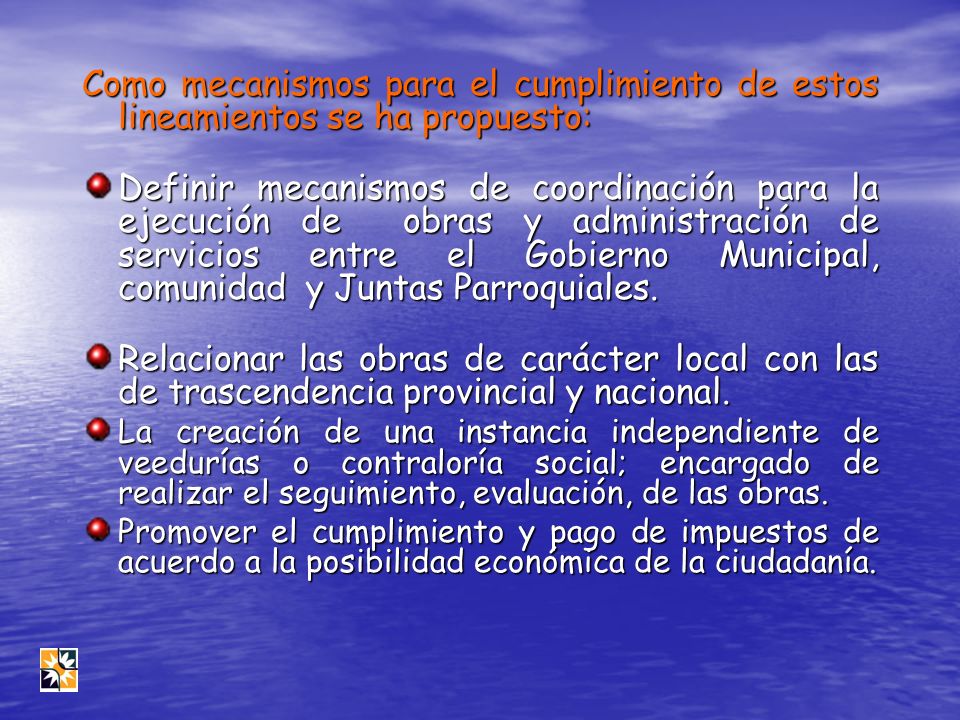 Como mecanismos para el cumplimiento de estos lineamientos se ha propuesto: