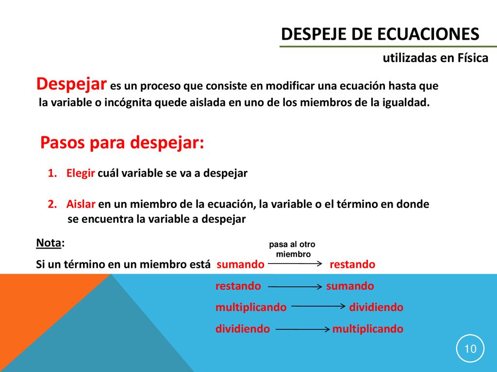 DESPEJE DE ECUACIONES utilizadas en Física. Despejar es un proceso que consiste en modificar una ecuación hasta que.