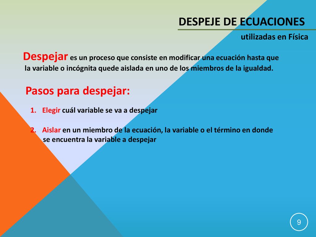 DESPEJE DE ECUACIONES utilizadas en Física. Despejar es un proceso que consiste en modificar una ecuación hasta que.