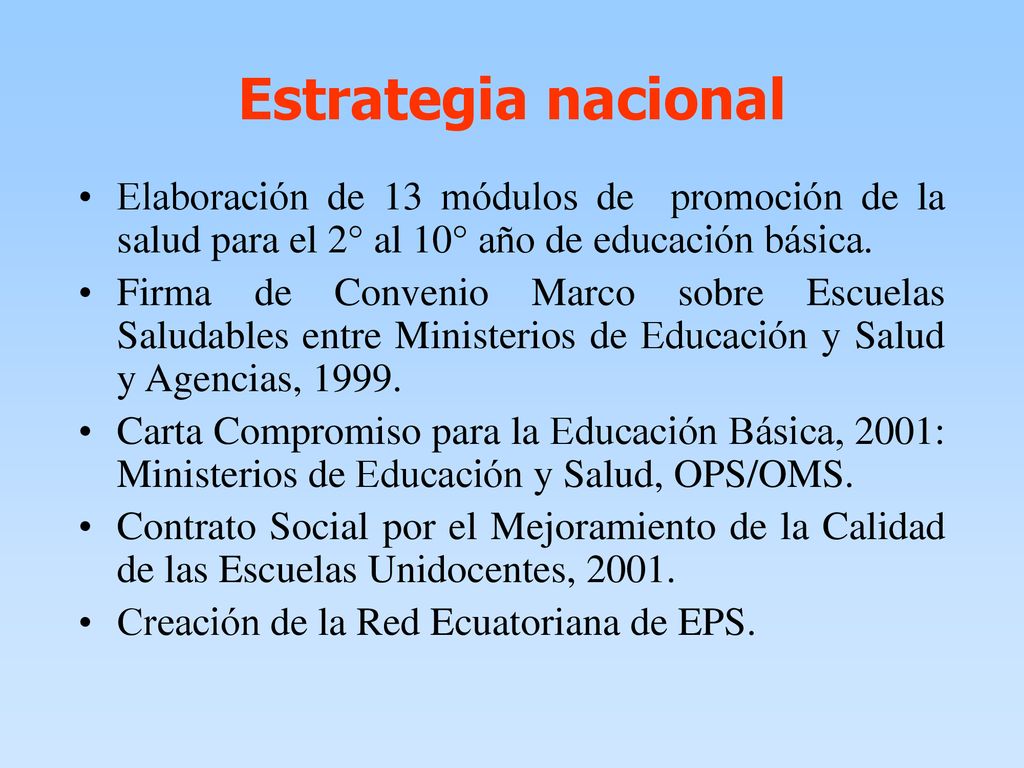 Estrategia nacional Elaboración de 13 módulos de promoción de la salud para el 2° al 10° año de educación básica.
