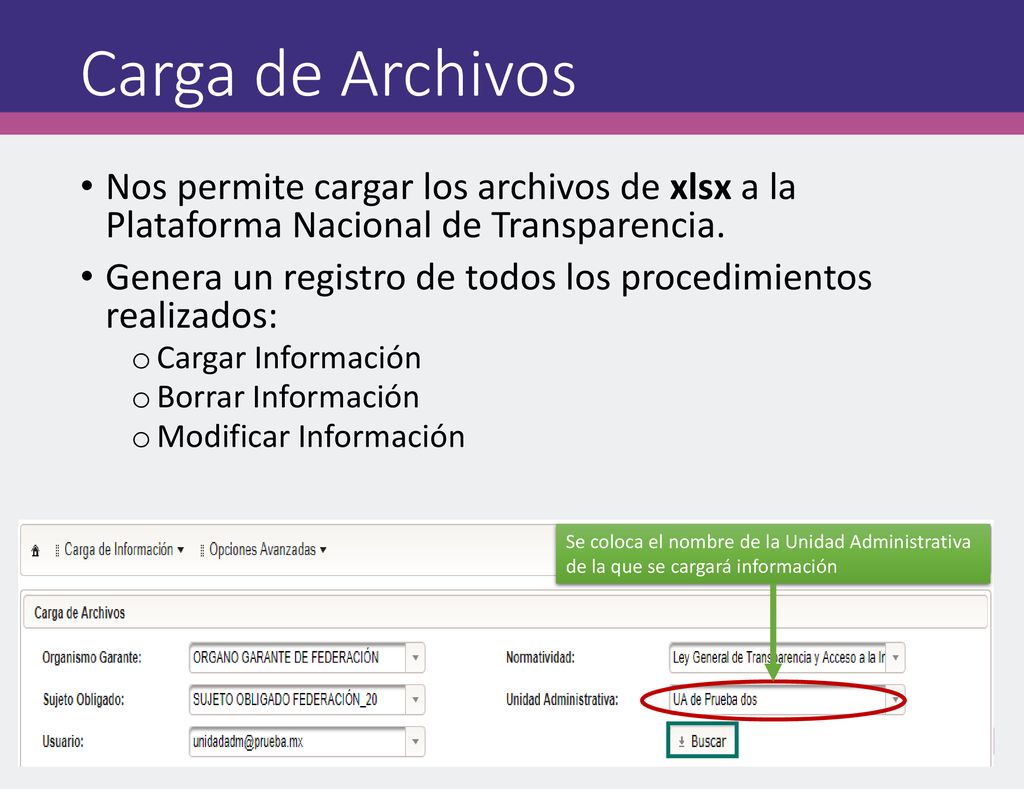 Carga de Archivos Nos permite cargar los archivos de xlsx a la Plataforma Nacional de Transparencia.
