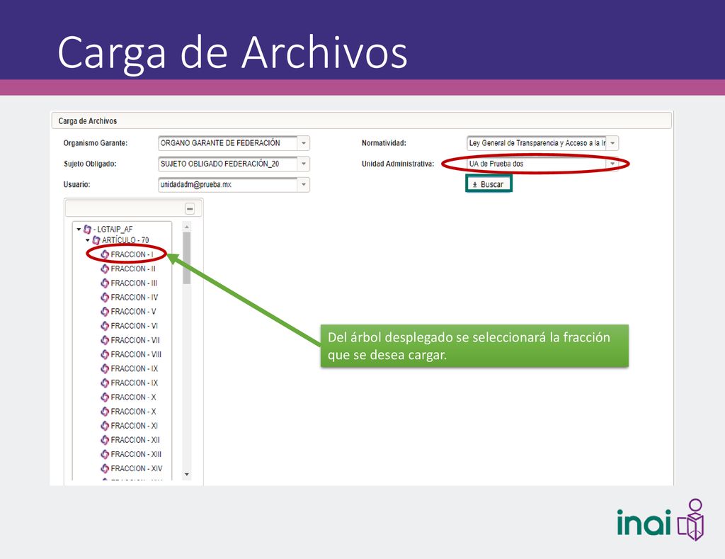 Carga de Archivos Del árbol desplegado se seleccionará la fracción que se desea cargar.