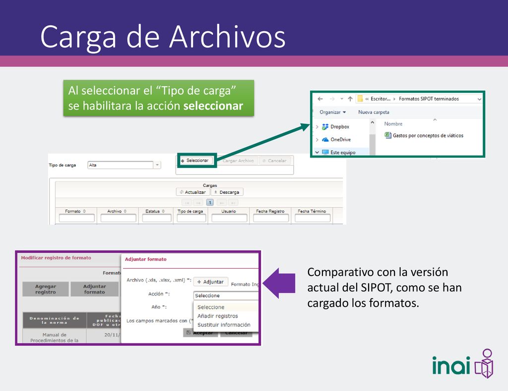 Carga de Archivos Al seleccionar el Tipo de carga se habilitara la acción seleccionar.