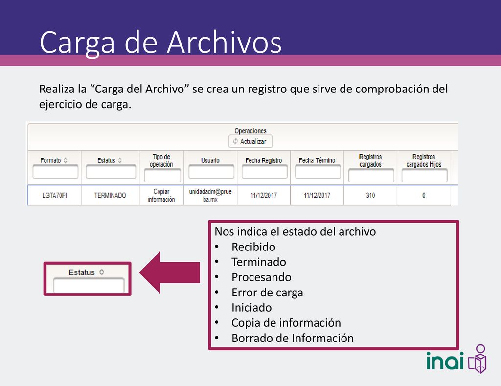 Carga de Archivos Realiza la Carga del Archivo se crea un registro que sirve de comprobación del ejercicio de carga.