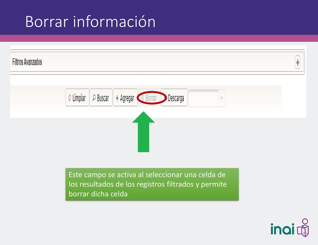 Borrar información Este campo se activa al seleccionar una celda de los resultados de los registros filtrados y permite borrar dicha celda.