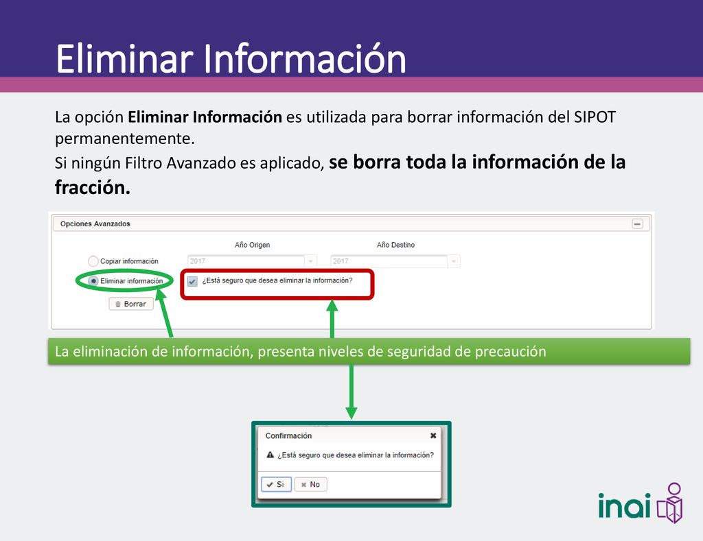 Eliminar Información La opción Eliminar Información es utilizada para borrar información del SIPOT permanentemente.