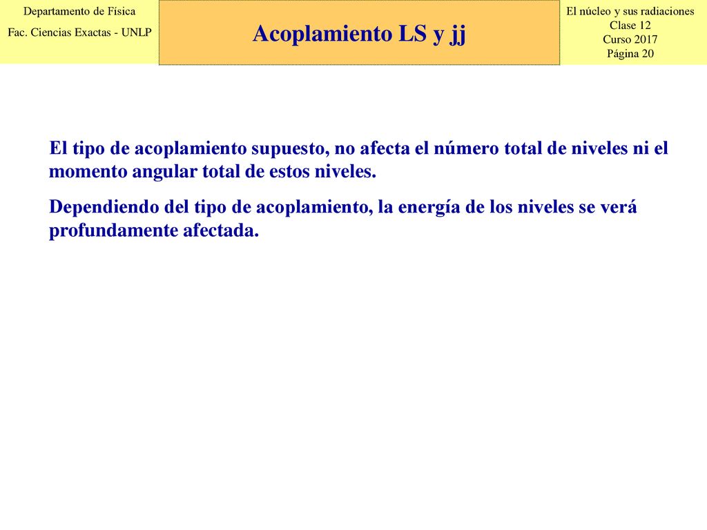 Acoplamiento LS y jj El tipo de acoplamiento supuesto, no afecta el número total de niveles ni el momento angular total de estos niveles.