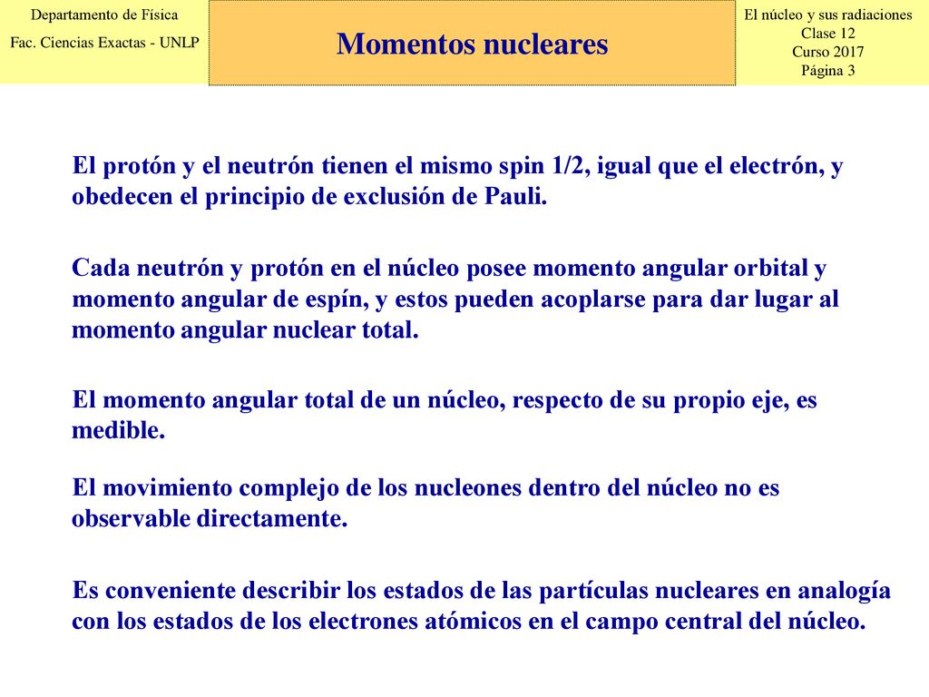 Momentos nucleares El protón y el neutrón tienen el mismo spin 1/2, igual que el electrón, y obedecen el principio de exclusión de Pauli.