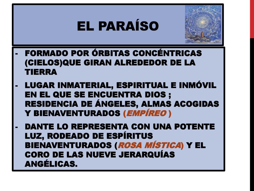 El paraíso FORMADO POR ÓRBITAS CONCÉNTRICAS (CIELOS)QUE GIRAN ALREDEDOR DE LA TIERRA.