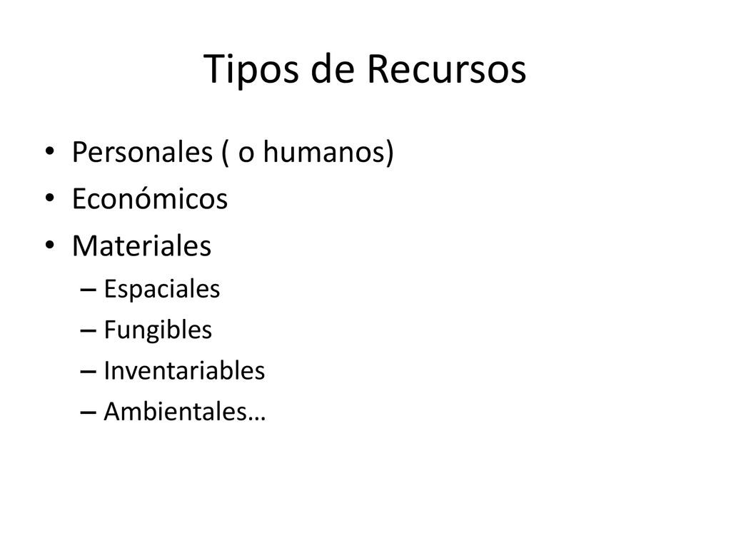 Tipos de Recursos Personales ( o humanos) Económicos Materiales