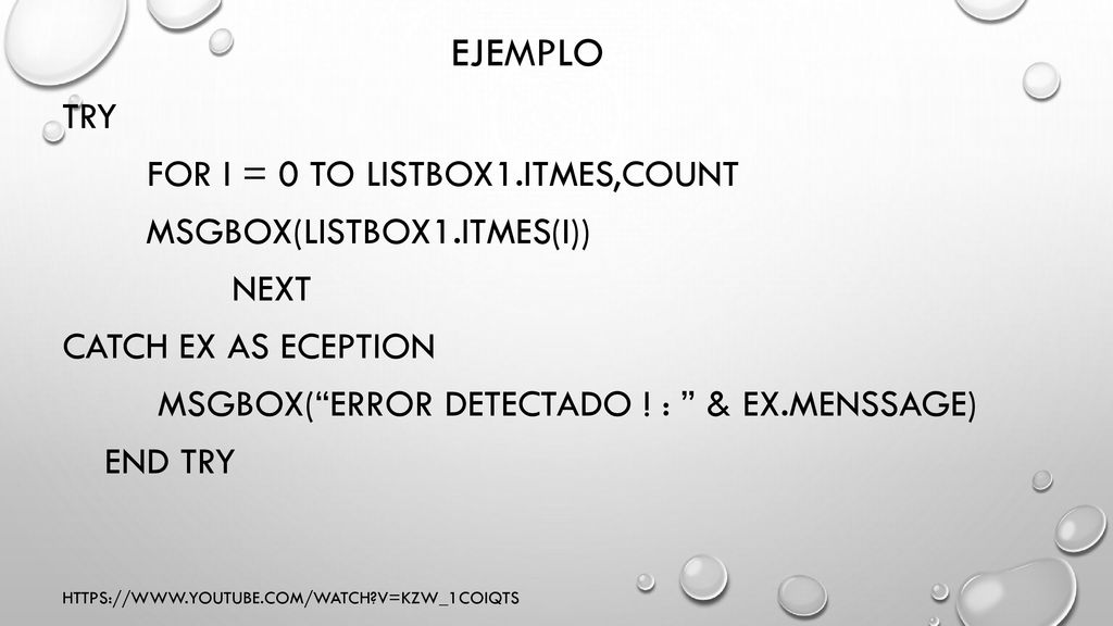 Ejemplo Try For i = 0 to listBox1.Itmes,Count