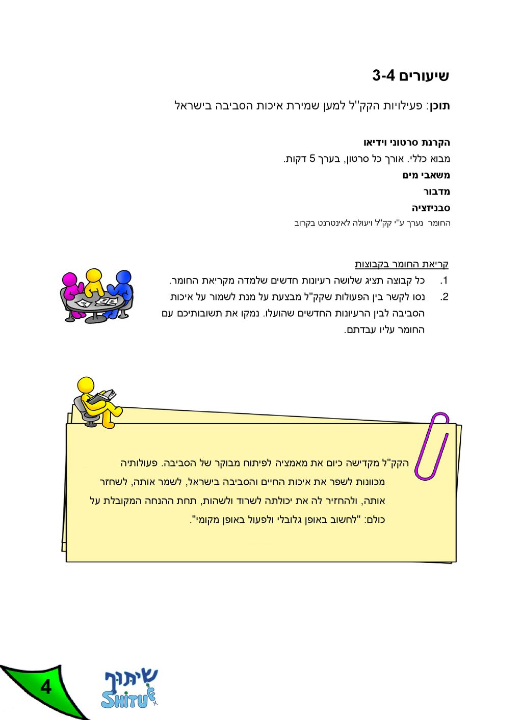 4 שיעורים 3-4 תוכן: פעילויות הקק ל למען שמירת איכות הסביבה בישראל