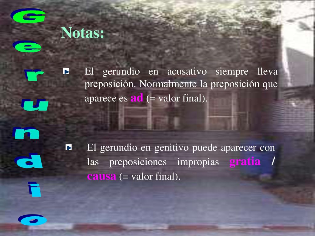 Notas: El gerundio en acusativo siempre lleva preposición. Normalmente la preposición que aparece es ad (= valor final).