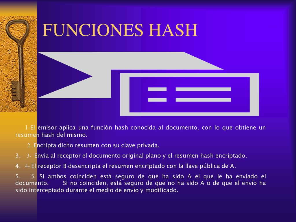 FUNCIONES HASH 1-El emisor aplica una función hash conocida al documento, con lo que obtiene un resumen hash del mismo.