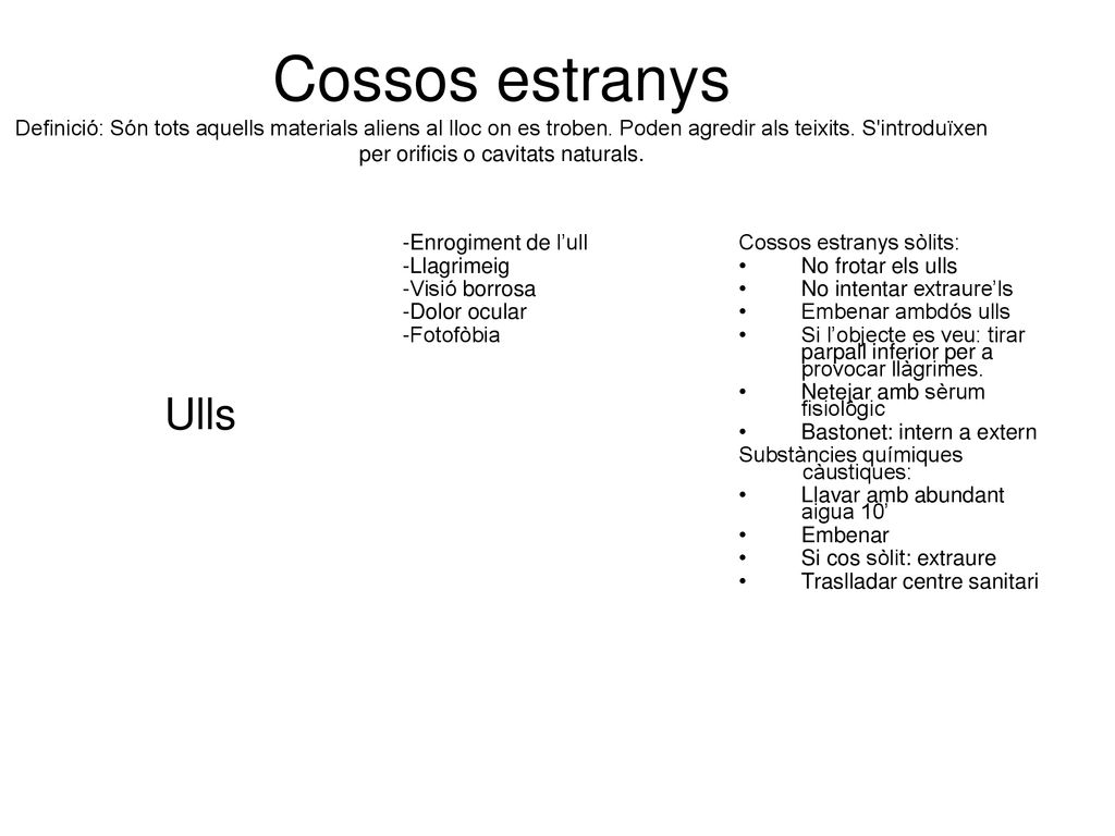 Cossos estranys Definició: Són tots aquells materials aliens al lloc on es troben. Poden agredir als teixits. S introduïxen per orificis o cavitats naturals.
