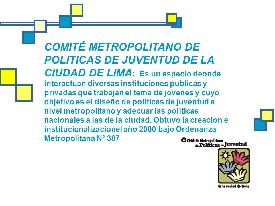 COMITÉ METROPOLITANO DE POLITICAS DE JUVENTUD DE LA CIUDAD DE LIMA: Es un espacio deonde interactuan diversas instituciones publicas y privadas que trabajan el tema de jovenes y cuyo objetivo es el diseño de politicas de juventud a nivel metropolitano y adecuar las politicas nacionales a las de la ciudad.