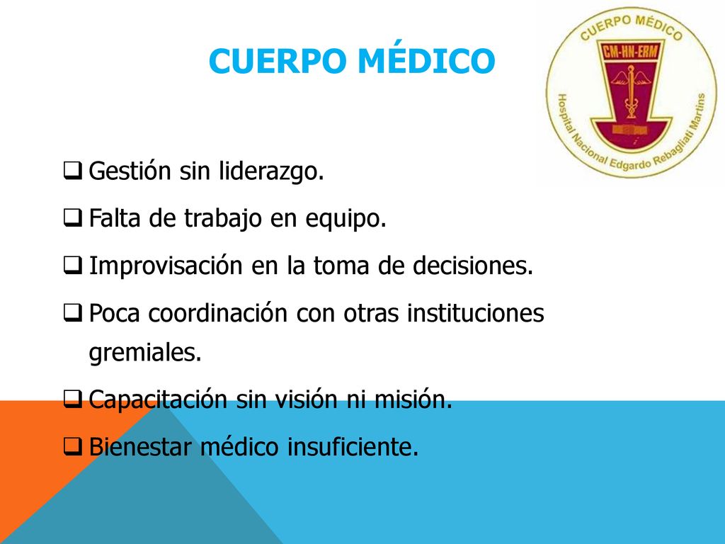 Cuerpo médico Gestión sin liderazgo. Falta de trabajo en equipo.