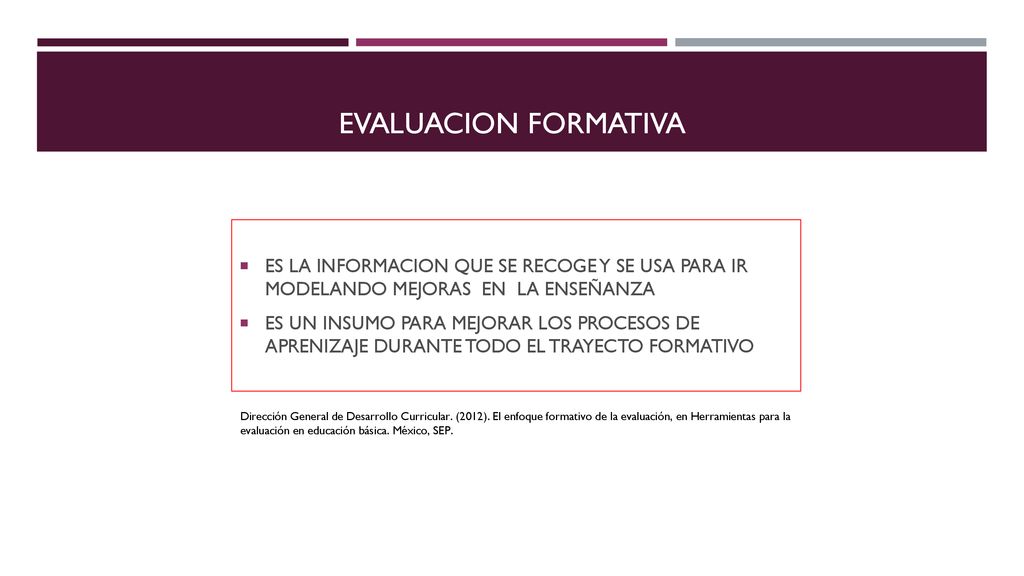 EVALUACION FORMATIVA ES LA INFORMACION QUE SE RECOGE Y SE USA PARA IR MODELANDO MEJORAS EN LA ENSEÑANZA.