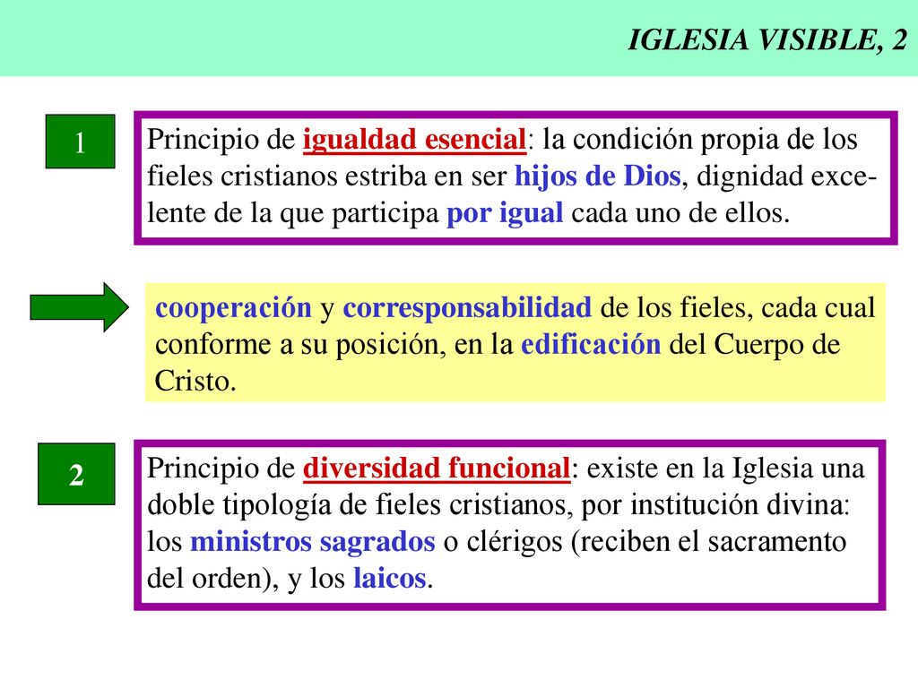 IGLESIA VISIBLE, 2 1. Principio de igualdad esencial: la condición propia de los. fieles cristianos estriba en ser hijos de Dios, dignidad exce-