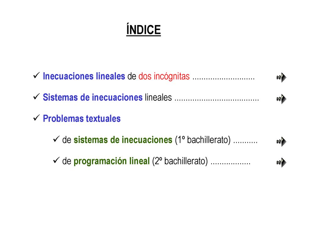 ÍNDICE Inecuaciones lineales de dos incógnitas Sistemas de inecuaciones lineales
