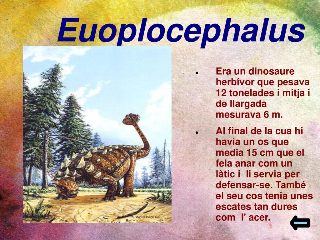 Euoplocephalus Era un dinosaure herbívor que pesava 12 tonelades i mitja i de llargada mesurava 6 m.