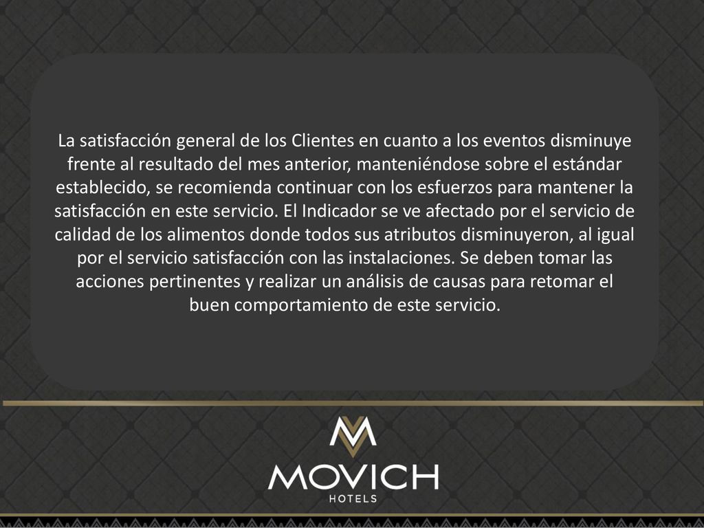 La satisfacción general de los Clientes en cuanto a los eventos disminuye frente al resultado del mes anterior, manteniéndose sobre el estándar establecido, se recomienda continuar con los esfuerzos para mantener la satisfacción en este servicio.