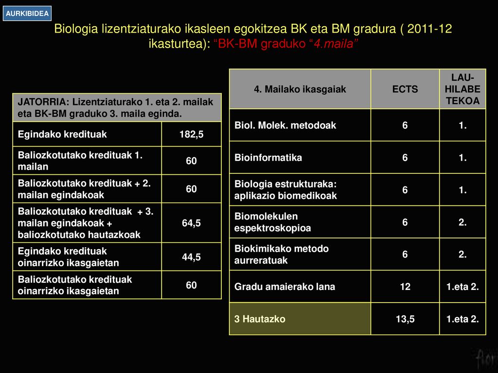 AURKIBIDEA Biologia lizentziaturako ikasleen egokitzea BK eta BM gradura ( ikasturtea): BK-BM graduko 4.maila
