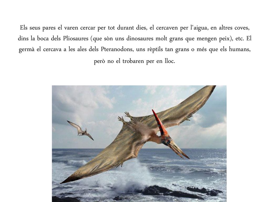 Els seus pares el varen cercar per tot durant dies, el cercaven per l aigua, en altres coves, dins la boca dels Pliosaures (que sòn uns dinosaures molt grans que mengen peix), etc.