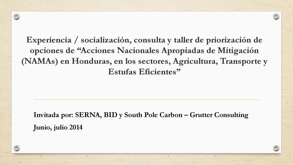 Experiencia / socialización, consulta y taller de priorización de opciones de Acciones Nacionales Apropiadas de Mitigación (NAMAs) en Honduras, en los sectores, Agricultura, Transporte y Estufas Eficientes