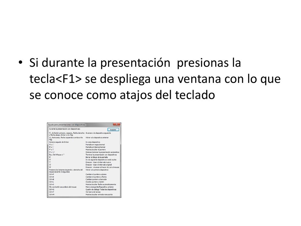 Si durante la presentación presionas la tecla<F1> se despliega una ventana con lo que se conoce como atajos del teclado