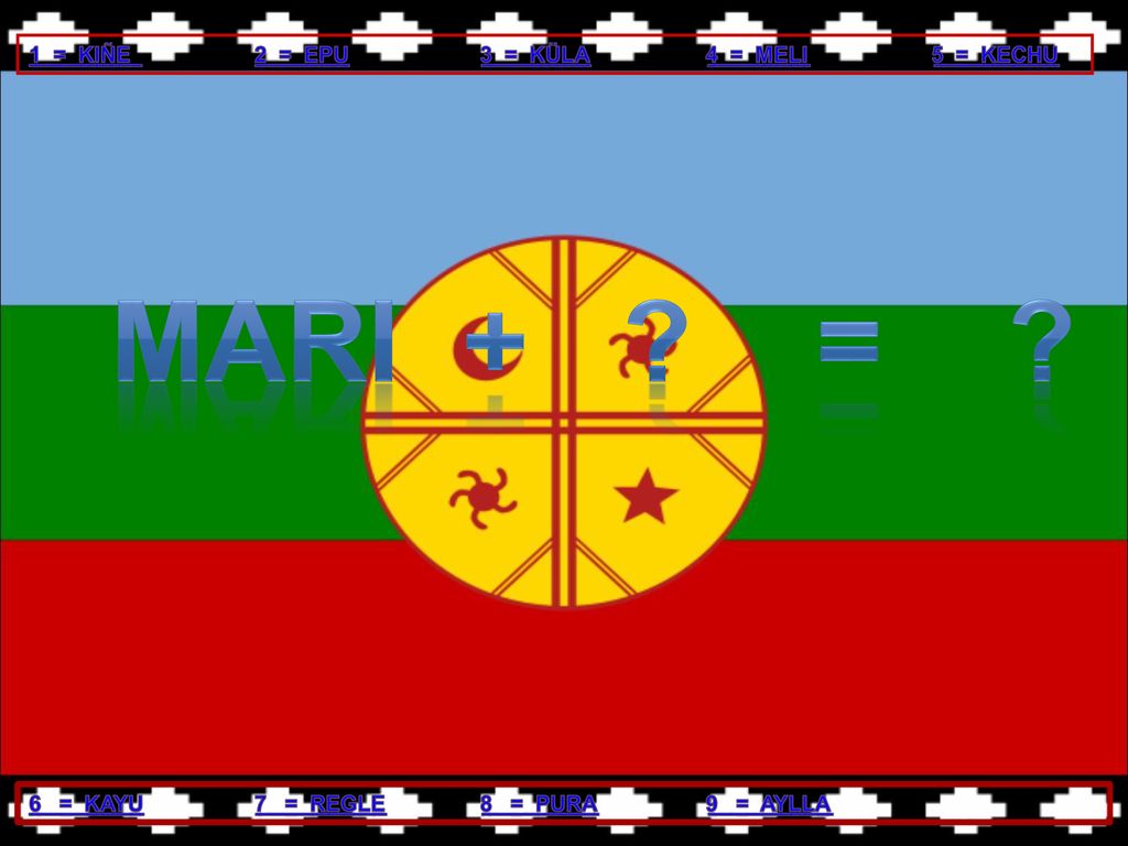 Mari + = 1 = KIÑE 2 = EPU 3 = KÜLA 4 = MELI 5 = KECHU
