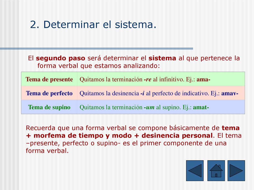 2. Determinar el sistema. El segundo paso será determinar el sistema al que pertenece la forma verbal que estamos analizando: