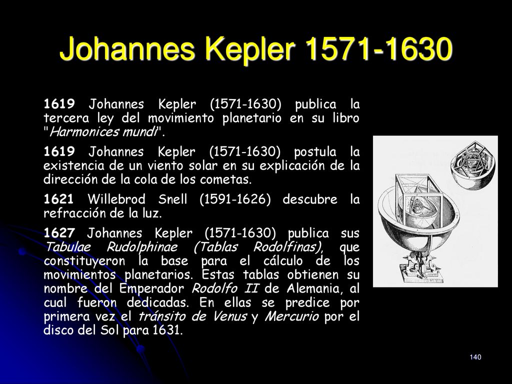 Johannes Kepler Johannes Kepler ( ) publica la tercera ley del movimiento planetario en su libro Harmonices mundi .