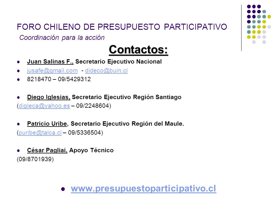 FORO CHILENO DE PRESUPUESTO PARTICIPATIVO Coordinación para la acción