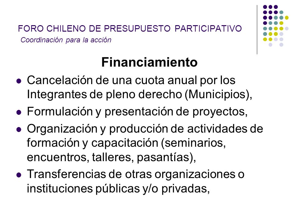 FORO CHILENO DE PRESUPUESTO PARTICIPATIVO Coordinación para la acción
