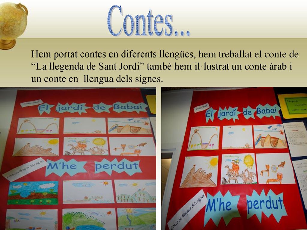 Contes... Hem portat contes en diferents llengües, hem treballat el conte de. La llegenda de Sant Jordi també hem il·lustrat un conte àrab i.