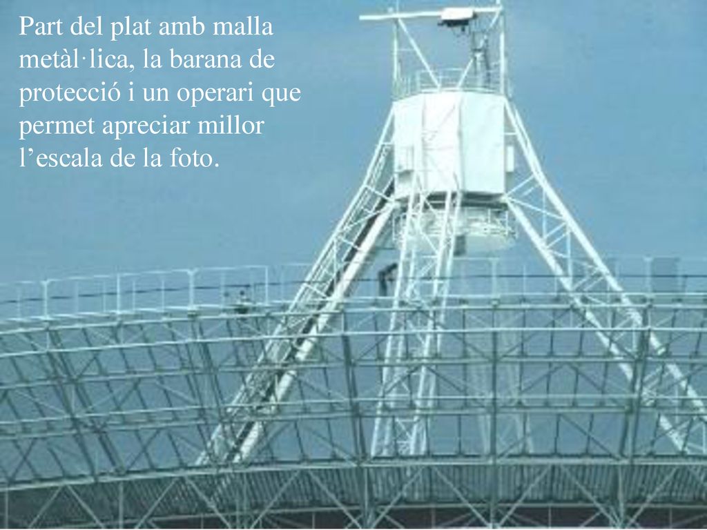 Part del plat amb malla metàl·lica, la barana de protecció i un operari que permet apreciar millor l’escala de la foto.