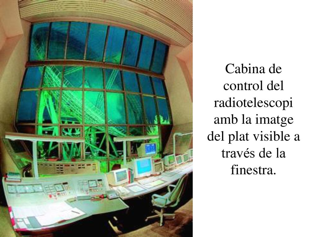 Cabina de control del radiotelescopi amb la imatge del plat visible a través de la finestra.