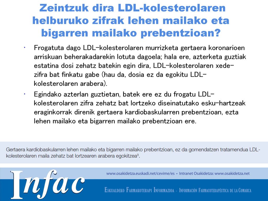 Zeintzuk dira LDL-kolesterolaren helburuko zifrak lehen mailako eta bigarren mailako prebentzioan