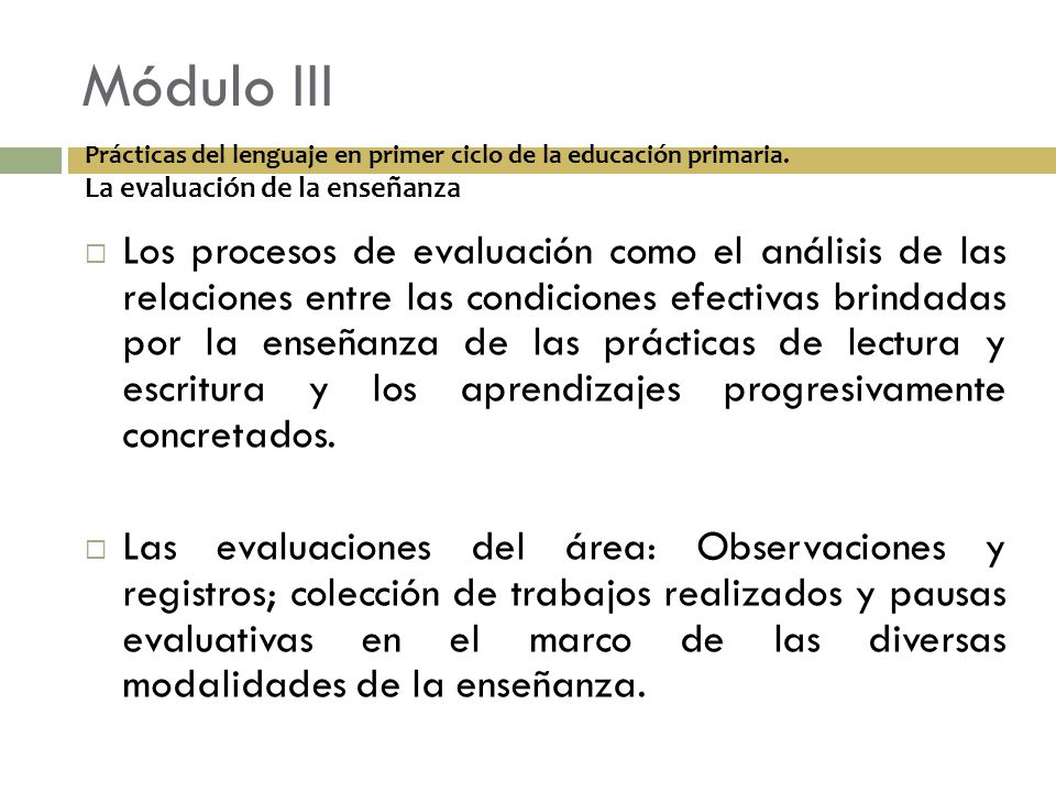 Módulo III Prácticas del lenguaje en primer ciclo de la educación primaria. La evaluación de la enseñanza.
