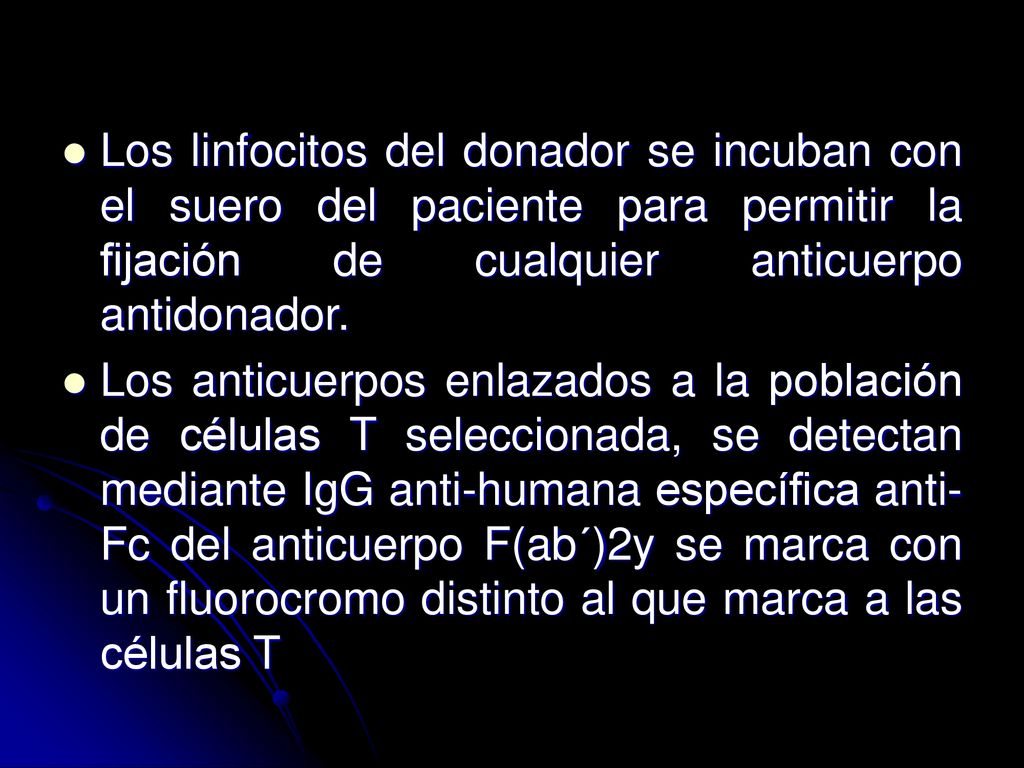 Los linfocitos del donador se incuban con el suero del paciente para permitir la fijación de cualquier anticuerpo antidonador.